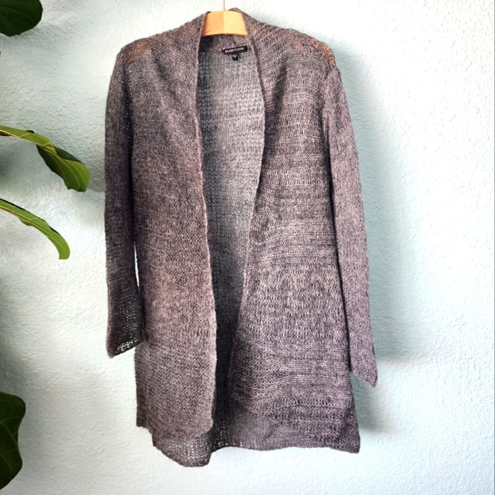 Eileen fisher alpaca and wool blend open front loose knit tunic style cardigan